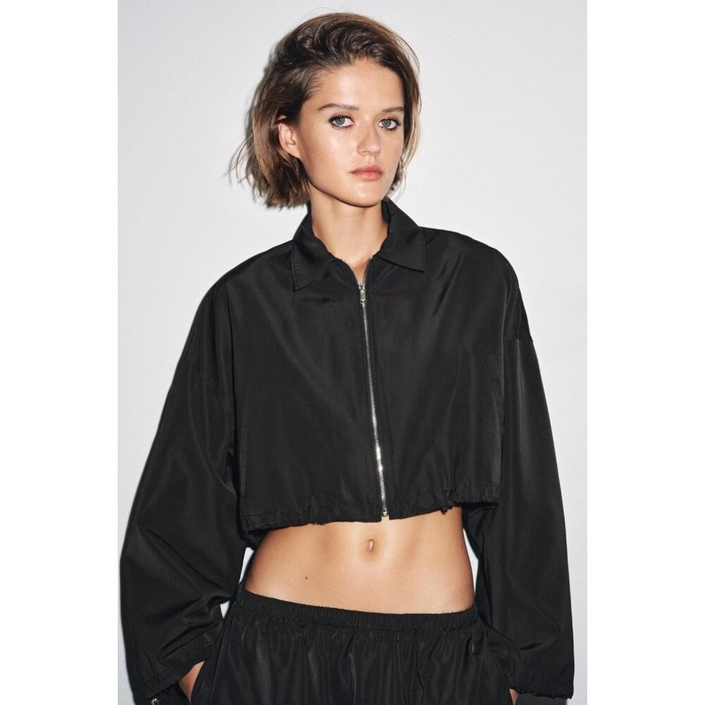 Zara Womens Short Crop Jacket Medium M Black Elastic Drawstring Hem 8481/065 NWT